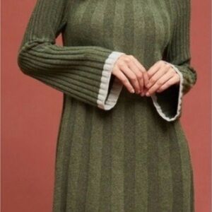 Anthropologie Olive Ribbed Scoop-Neck Sweater with Cream Trim